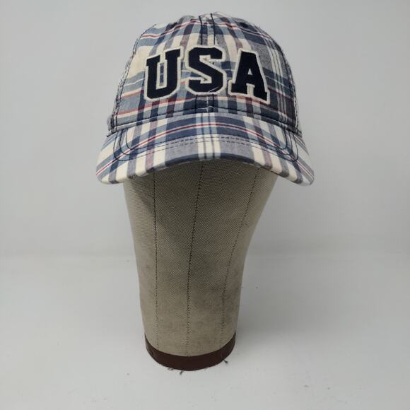 USA Patriotic Blue White Plaid Hat Strapback Cap Embroidered Spell Out - Picture 2 of 13